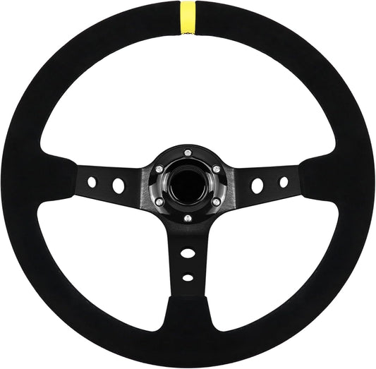 13.6" Universal Grip Suede Deep Dish 6 Bolts Gaming Racing Steering Wheel Leather with Horn Button for Race/Rally/Motorsport/Car Sim Driving-With Yellow Positioning Line