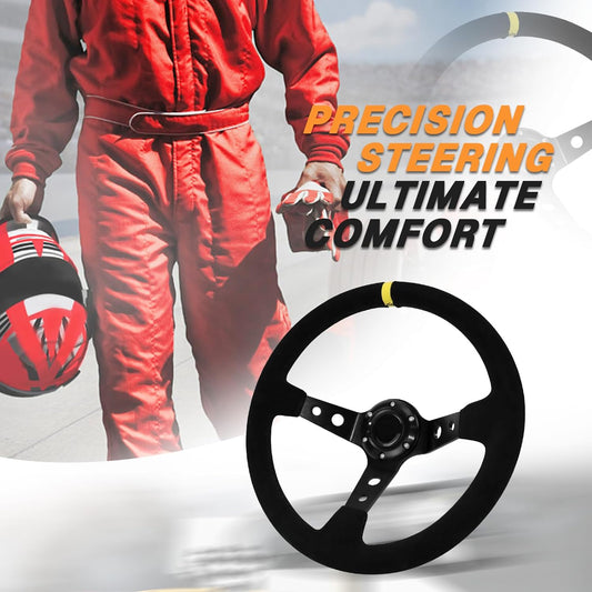 13.6" Universal Grip Suede Deep Dish 6 Bolts Gaming Racing Steering Wheel Leather with Horn Button for Race/Rally/Motorsport/Car Sim Driving-With Yellow Positioning Line