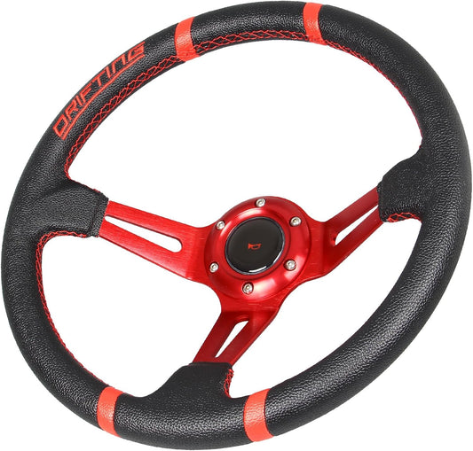 13.8-Inch Racing Drifting Steering Wheel with Deep Dish Design, Red Leather Embroidery, Aluminum Spokes, and Horn Button for Gaming Simulators