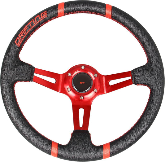 13.8-Inch Racing Drifting Steering Wheel with Deep Dish Design, Red Leather Embroidery, Aluminum Spokes, and Horn Button for Gaming Simulators